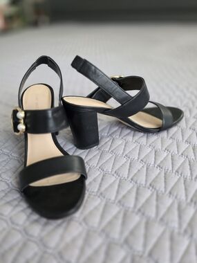 Stuart Weitzman Black Block Heel Sandals with Pearl-Trim Buckle